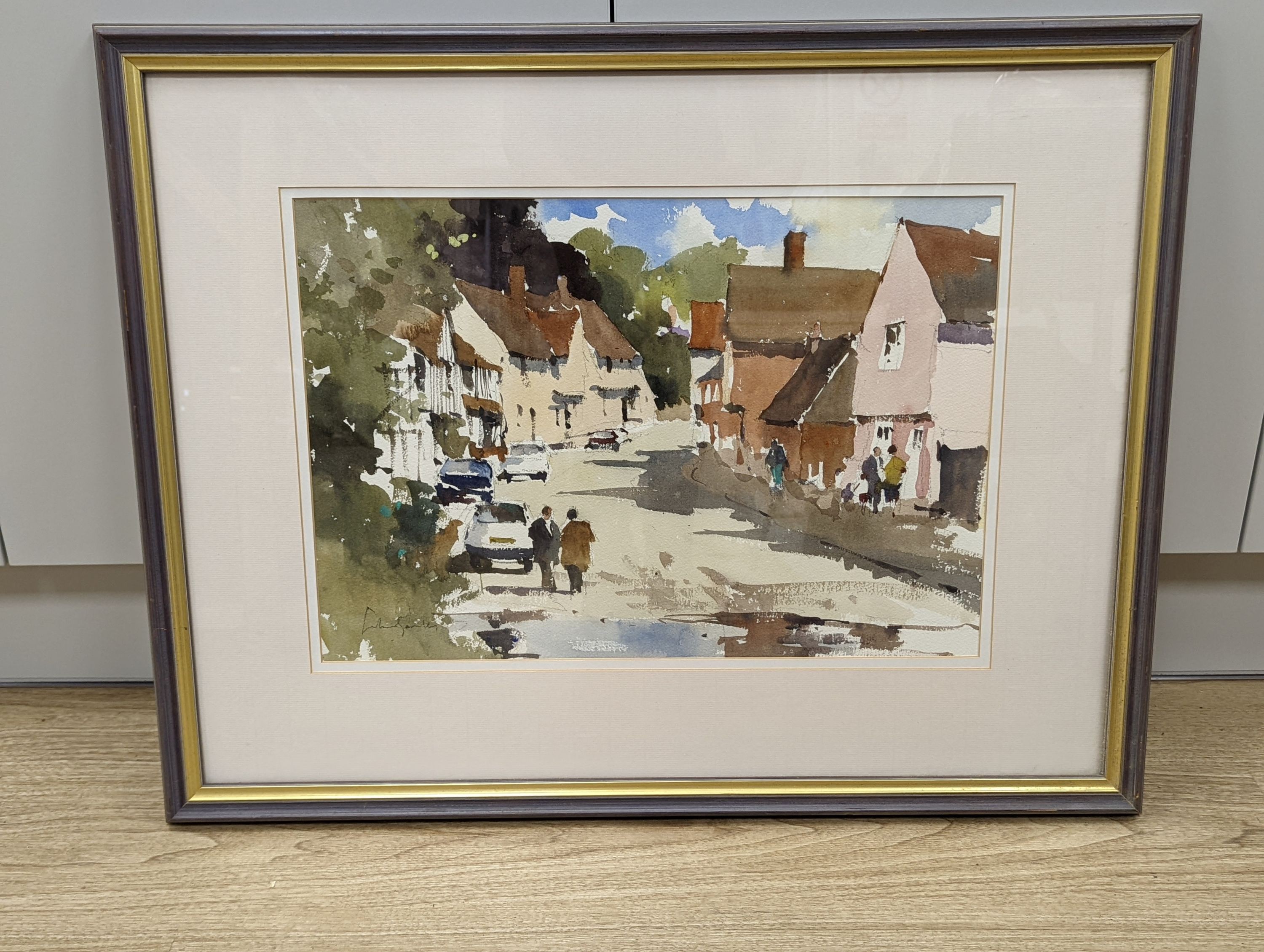 John Yardley (b.1933), watercolour, Kersey village, signed, 34 x 49cm